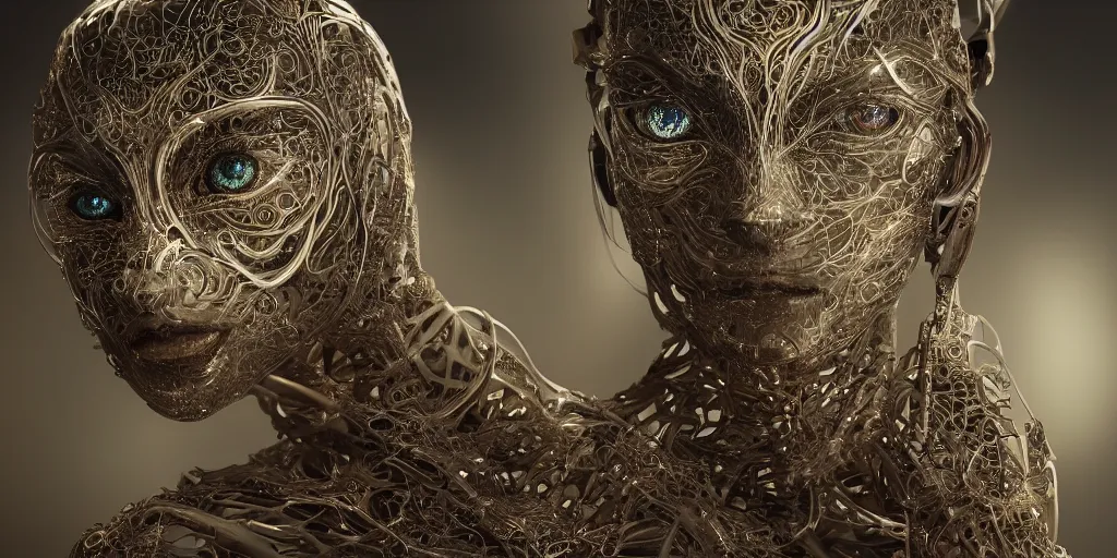 Image similar to ! dream hyperrealistic photography of a female cyborg humanoid, glowing eyes, holding, grasping, highly detailed intricate filigree, in the style of beth cavener, jin kagetsu, wlop,, symmetry, masterpiece, concept art, highkey lighting, ambient lighting, hard key light, octane render, 8 k, artstation