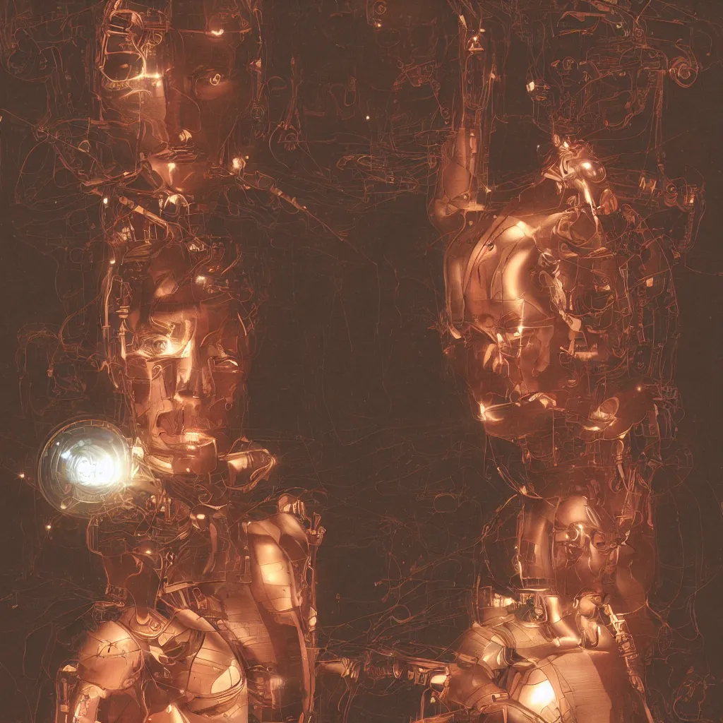 Image similar to Half cyborg half monk discovering enlightenment in a futuristic 2300