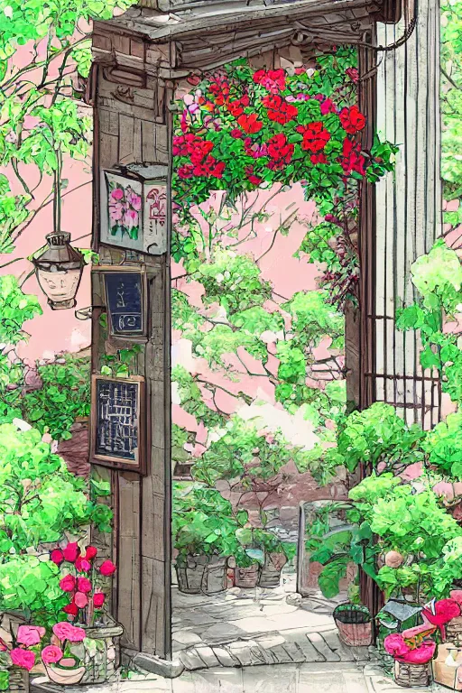 Image similar to a little flower shop's front gate, nostalgic, refreshing, digital illustration, pixiv