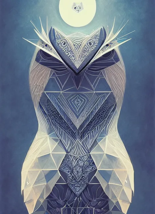 Image similar to portrait of a geometric owl, identical eyes, medium shot, illustration, full body made of white feathers, symmetrical, art stand, super detailed, cinematic lighting, and its detailed and intricate, gorgeous, by peter mohrbacher