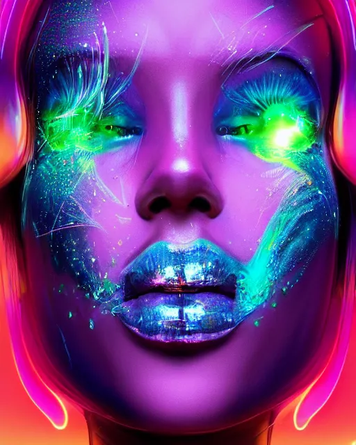 Prompt: a powerful energy psychedelic neon woman, by alexander fedosav, hyper detailed digital matte painting, concept art, hyperrealism, 1 6 k resolution, cinema 4 d, 8 k resolution, trending on artstation, behance hd, a masterpiece, by stephan martiniere, particles, cel - shaded, power bright neon energy, by david a. hardy,