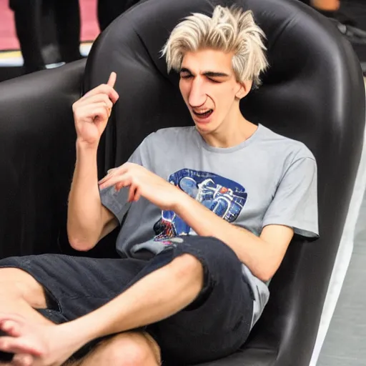 Image similar to xqc chewing on his own toes, high res photograph,