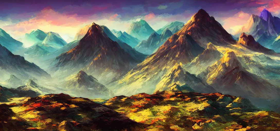 Image similar to vast mountain landscape, craggy mountains, magic the gathering, three - colors, three - color color palette, panoramic, wide angle, horizon, highly detailed