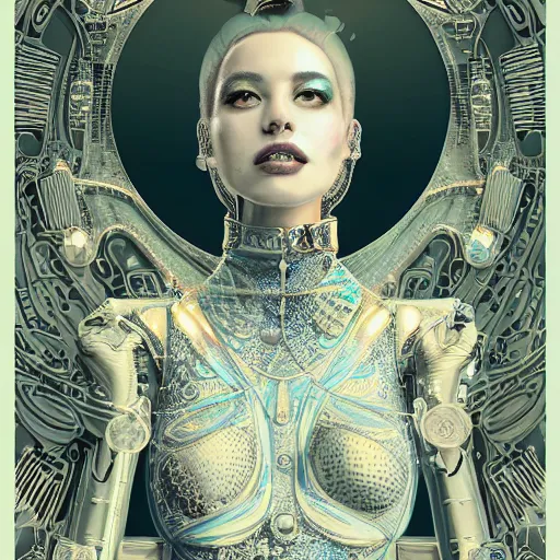 Image similar to the portrait of an absurdly graceful, sophisticated, fashionable ottomanpunk robotess idol, an ultrafine hyperdetailed illustration by kim jisu, intricate linework, neon wiring, electronics, porcelain skin, unreal engine 5 highly rendered, global illumination, radiant light, detailed and intricate environment, by rutkowski, artgerm, marvel comics