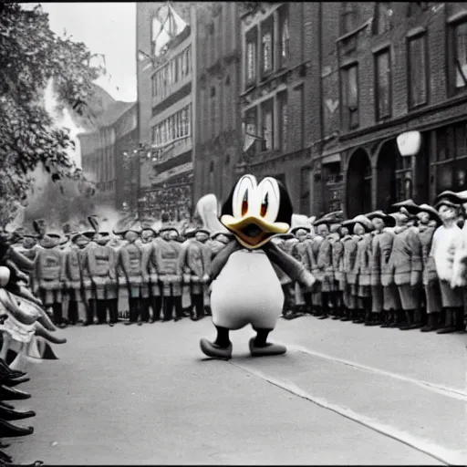 Prompt: historic colorized photograph of colorful donald duck at a nazi parade in 1 9 3 6