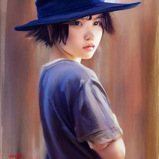 Image similar to oil painting by ilya kuvshinov,, baugh casey, artgerm craig mullins, coby whitmore, of a youthful japanese girl, long hair, fisherman's hat, highly detailed, breathtaking face, studio photography, noon, intense bounced light, water reflection, large tree casting shadow, serine intense sunlight