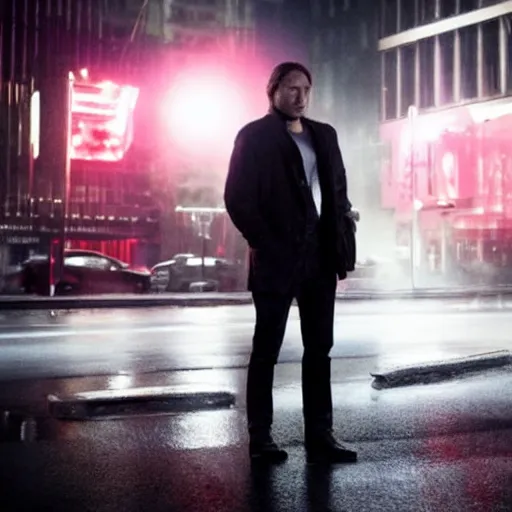 Image similar to mads mikkelsen in the pouring with red light shining on him, rain, film still, futuristic new york city, night time,