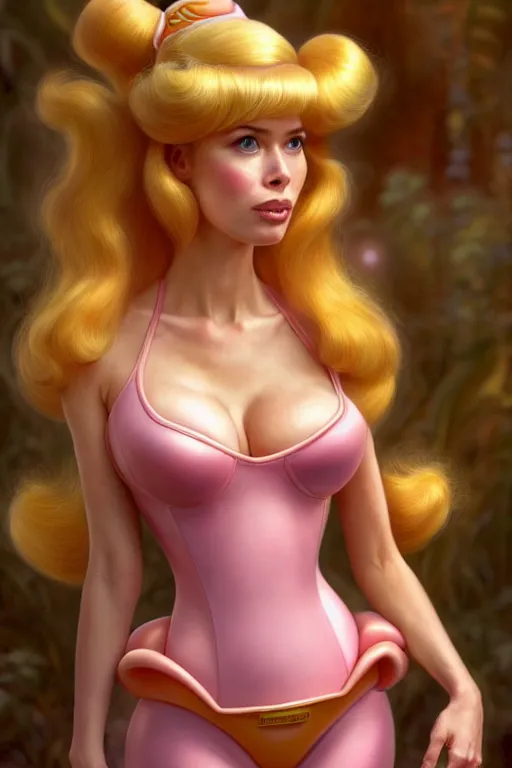 Image similar to polished sweaty princess peach : : claudia schiffer face : : christina hendricks body : : weta disney pixar movie still photo : : hi - fructose, sci fi, fantasy, decadent highly - detailed digital painting, golden ratio, octane render, artstation, smooth, sharp focus, artgerm, mucha, loish, wlop : :