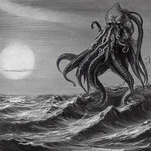 Image similar to cthulhu rising out of the water in front of a small town, night, soaring waves, clouds, illustration by Gustave Doré