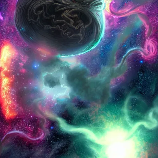 Prompt: Azathoth in space with a nebula behind him, realistic, detailed, digital art, artstation