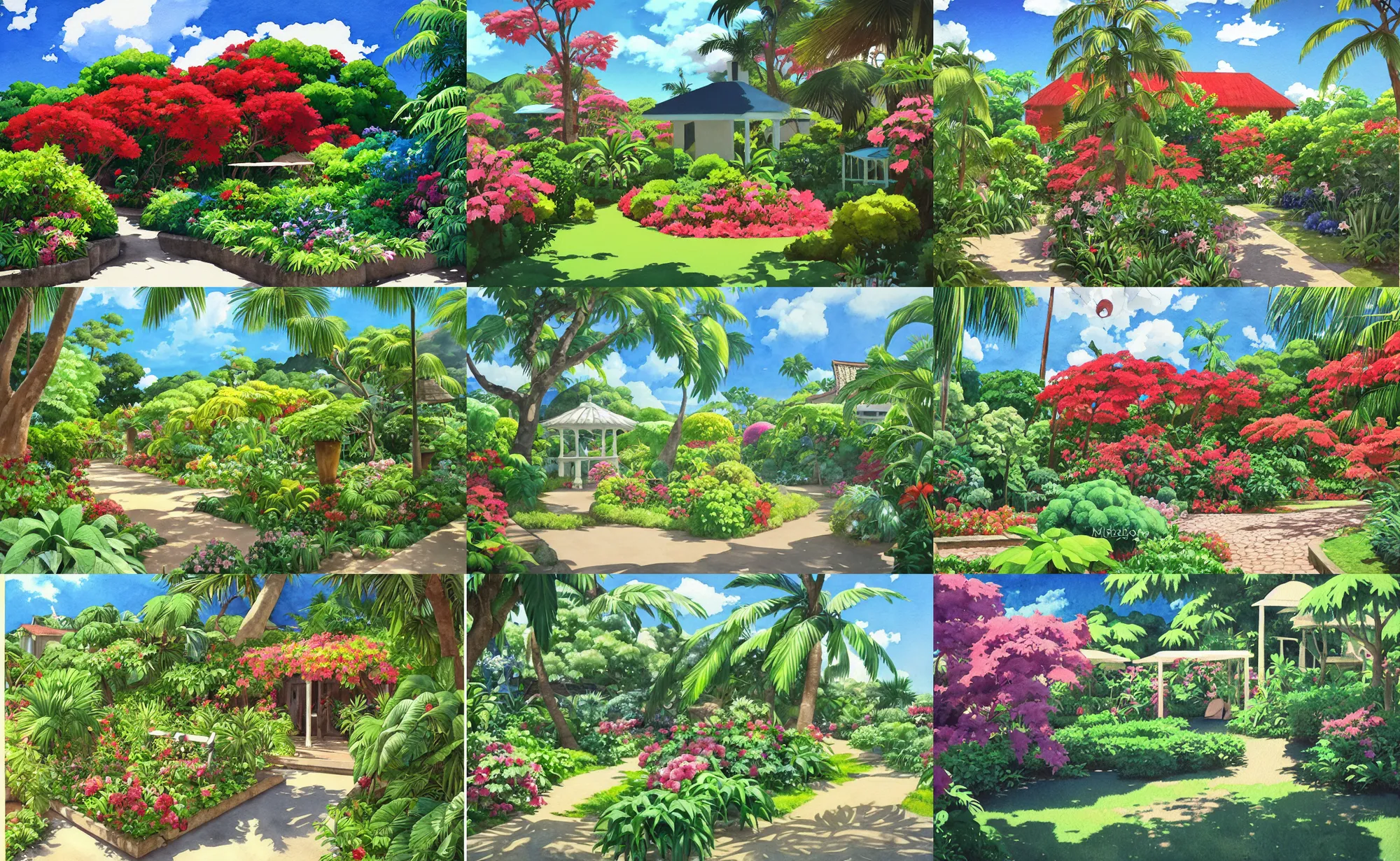 Prompt: a creole garden from reunion island watercolor painting by ( ( ( kenton nelson ) ) ), by makoto shinkai, by studio ghibli, anime, trending on artstation