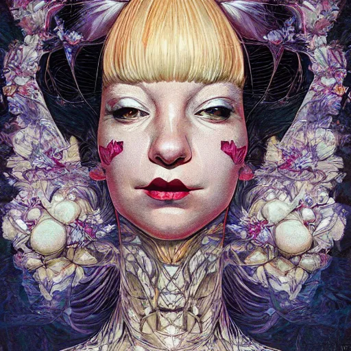 Image similar to portrait of crazy beautiful sia kate isobelle furler, ymmetrical, by yoichi hatakenaka, masamune shirow, josan gonzales and dan mumford, ayami kojima, takato yamamoto, barclay shaw, karol bak, yukito kishiro