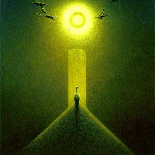 Image similar to hundreds flying birds, shining light, by beksinski, shining light, clouds, architecture, Award winning. Masterpiece, detailed illustration