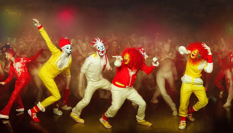 Prompt: highly detailed painting of a group of ronald mcdonalds with red afros, white facepaint, red noses and yellow tracksuits dancing at a cyber nightclub rave by william turner, by greg rutkowski, by william constable, thick brush strokes and visible paint layers, 4 k resolution