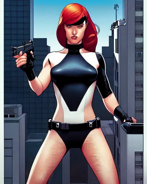 Image similar to phil noto comicbook cover art, artgerm, female domino marvel, symmetrical eyes, long red hair, full body, city rooftop