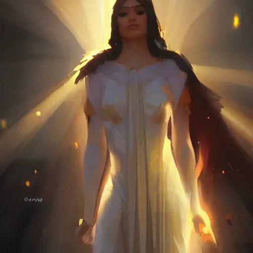 Prompt: godess of artificial intelligence, sharp focus, god rays, volumetric light, by greg rutkowski and greg manchess, cinematic, light from above