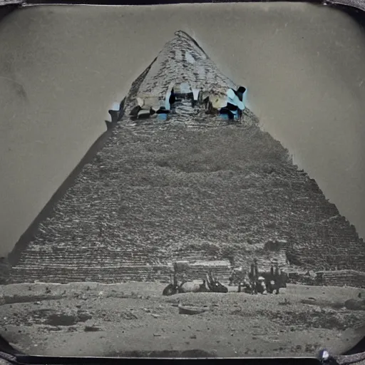 Image similar to tintype photo, ufo crashing into a pyramid