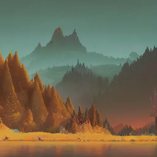 Prompt: A large picturesque mountain with a river flowing between them by Simon stålenhag