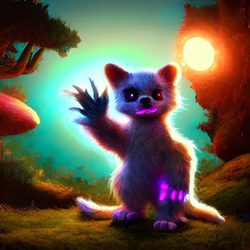 Image similar to bioluminescent cute furry monster on a dreamy biome, sparkles, magical, elves, fantasy, hyper realism, intricate, digital art, detailed, studio shot, unreal engine 5, octane, high definition, smooth, artstation, behance