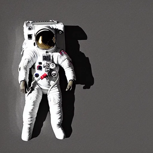 Image similar to photograph of an astronaut against the pitch black darkness of space, nothing behind, full body photo, amazing light and shadow contrast,, 8 k