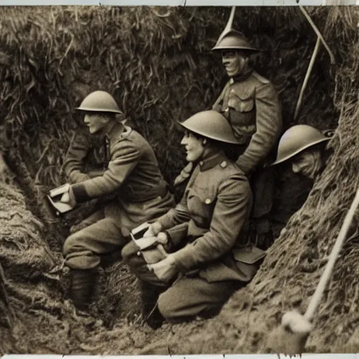 Prompt: ww1 photograph of soldiers in a trench playing playstation - 4