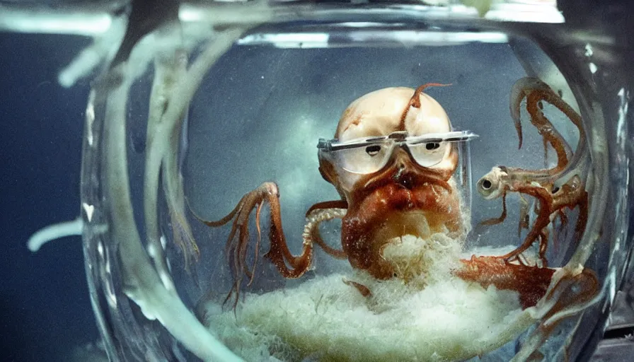 Image similar to Big budget horror movie set in an undersea biolab, a scientist with a squid in a beaker examines that squid under the microscope