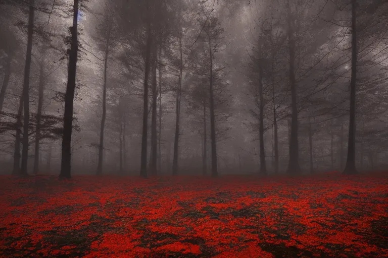 Image similar to deep dark moody forest, red fog on the ground, bleak. big stones, dark mood. mysterious. doom. realistic painting. photobashing, matte painting, highly detailed, autumn, cinematic, hyperralistic, artstation, dramatic lighting, god rays, clean crisp graphics, smooth sharp focus, extremely detailed, ukiyo - e, impressionism