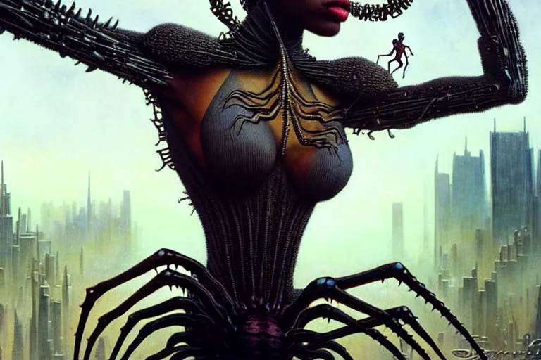 Image similar to realistic detailed closeup portrait movie shot of a beautiful black woman riding a giant spider, dystopian city landscape background by denis villeneuve, amano, yves tanguy, alphonse mucha, max ernst, ernst haeckel, edward robert hughes, roger dean, cyber necklace, rich moody colours, sci fi patterns, wide angle