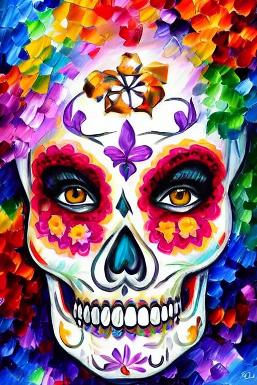 Prompt: illustration of a sugar skull day of the dead girl, art by leonid afremov