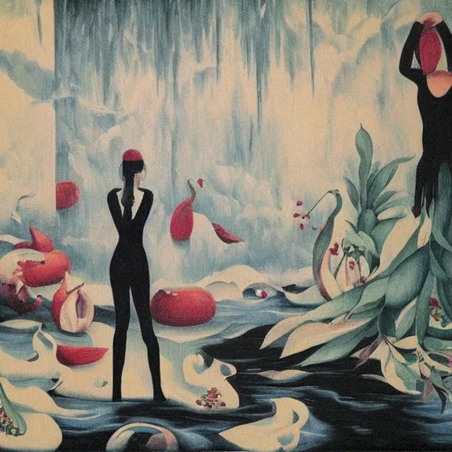 Prompt: tall female emo vegan socialist artist in their flooded apartment, painting of flood waters inside an artist's home, a river flooding indoors, pomegranates, pigs, ikebana, zen, water, octopus, river, rapids, waterfall, black swans, canoe, berries, acrylic on canvas, surrealist, by magritte and monet