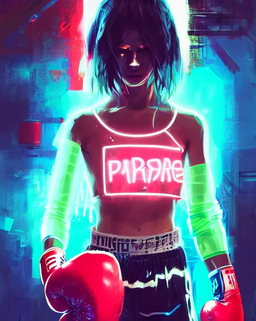Image similar to detailed portrait Neon boxer Girl, cyberpunk futuristic neon, reflective crop top and shorts, boxing gloves, decorated with traditional Japanese ornaments by Ismail inceoglu dragan bibin hans thoma greg rutkowski Alexandros Pyromallis Nekro Rene Maritte Illustrated, Perfect face, fine details, realistic shaded, fine-face, pretty face