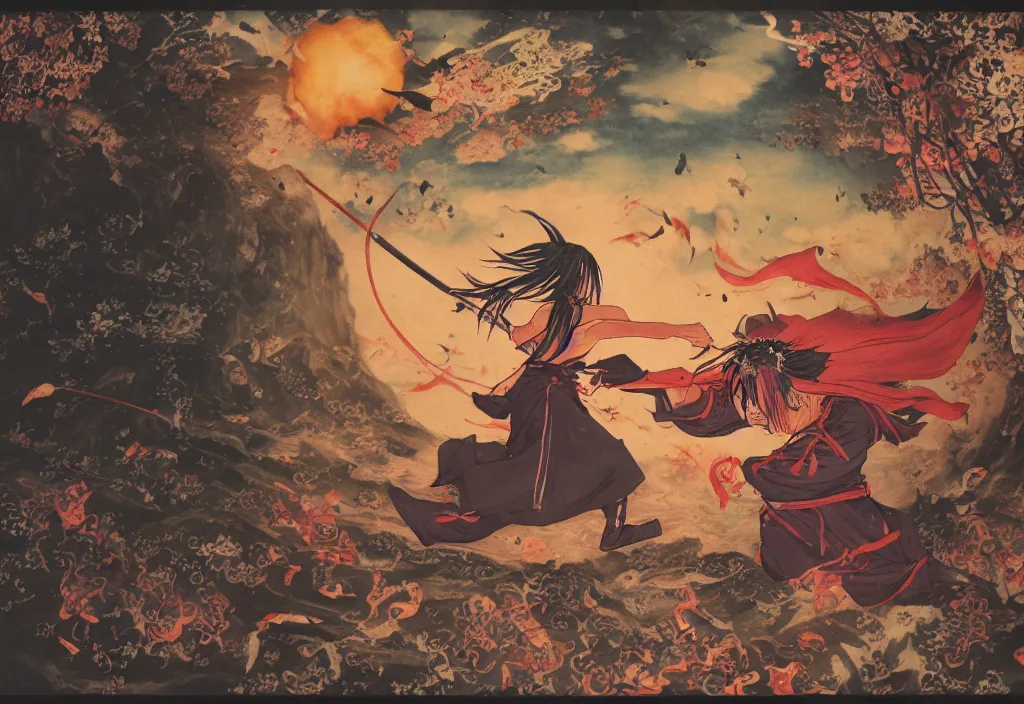 Prompt: anime samurai girl running away from a demon in the realm of hades, peter brueghel the elder, wangechi mutu, instax, shot at 7 0 mm, vintage, 8 k resolution, surround light, rtx light, octa - render