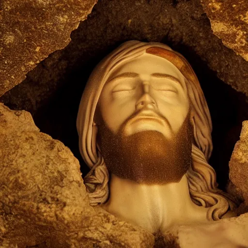 Image similar to Jesus Christ’s head sticking out from a tomb in a cliff side, cinematic perspective, movie shot, 8k, full hd