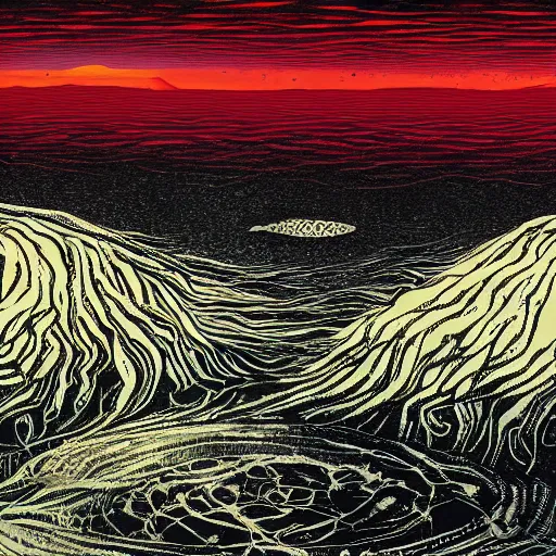 Prompt: weird fishes at the bottom of the earth, by stanley donwood, surrealist painting, layered texture, shimmering