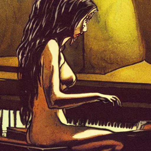 Image similar to mazikeen from sandman sitting on a piano