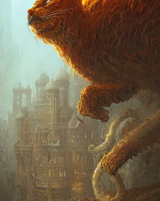 Image similar to portrait of Garfield as a large Lovcraftian monster, fantasy, intricate, elegant, highly detailed, digital painting, artstation, concept art, smooth, sharp focus, illustration, art by artgerm and greg rutkowski