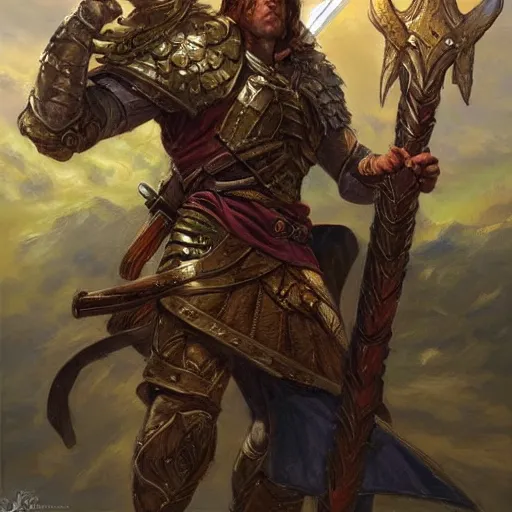 Image similar to Warrior of holy light holding his sword to the heavens as a fantasy D&D character, portrait art by Donato Giancola and James Gurney, digital art, trending on artstation