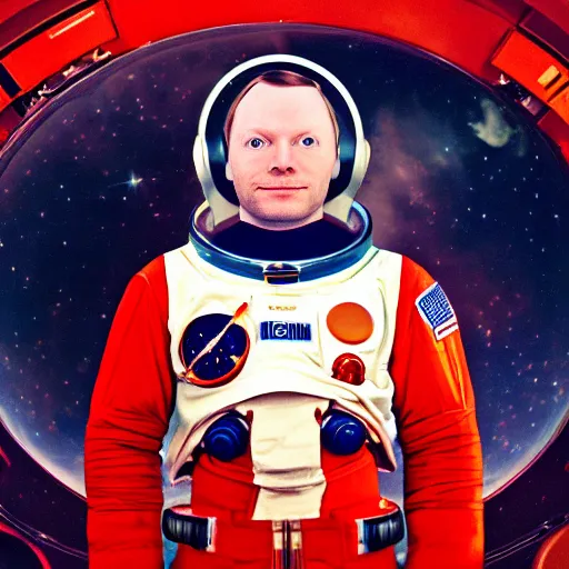 Prompt: portrait photography of neil armstrong with realistic buzz lightyear face in a red communist space suit with communist symbols. symmetry. intricate details. 8 k.