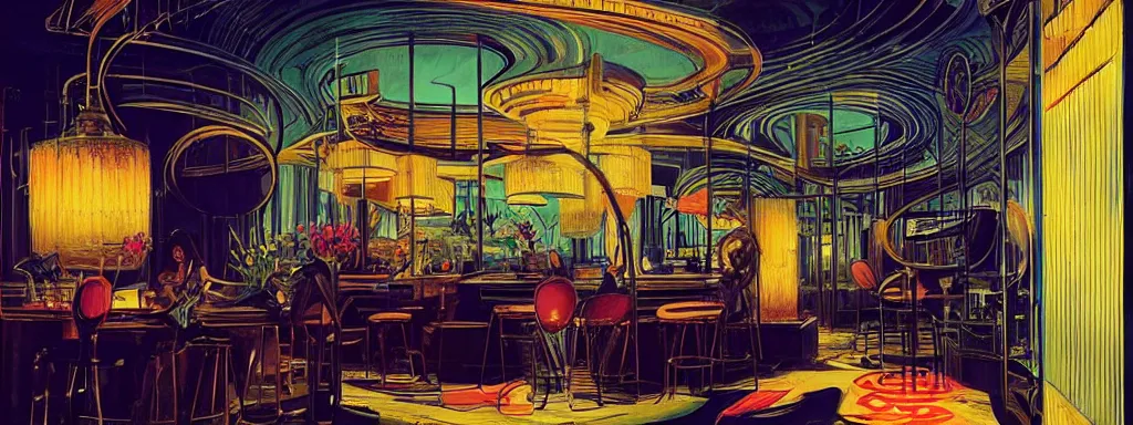 Image similar to concept art, crowded retro - futurist speakeasy, reflections, dark moody lighting, designer furniture, high ceiling, 6 0 s colour palette, beautiful plants, colourful flowers, floor lamps, multi - level, bladerunner, james jean, syd mead, akihiko yoshida, cinematic