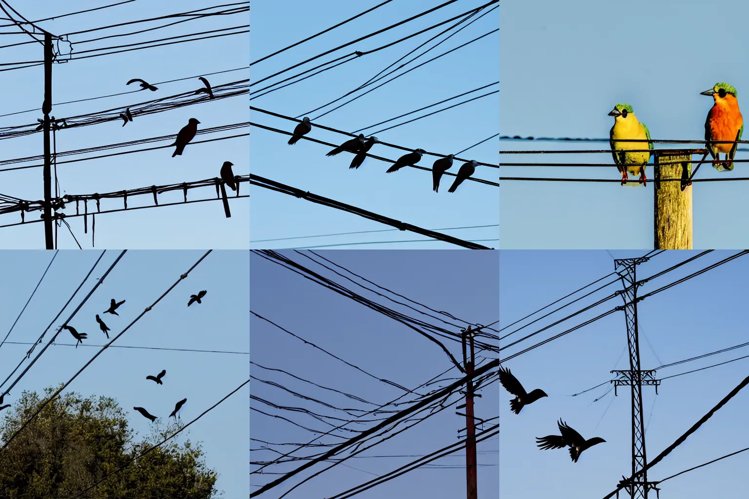 Prompt: Birds sitting on a power line.