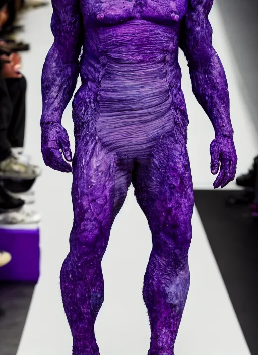 Image similar to hyperrealistic and heavy detailed off white avant garde runway show of thanos ( marvel comics ), leica sl 2 5 0 mm, vivid color, high quality, high textured, real life