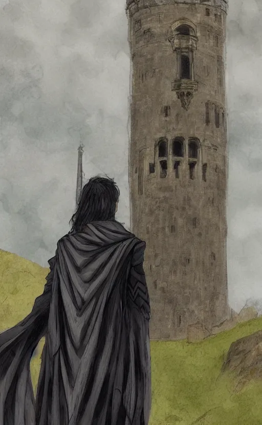 Prompt: young male wizard with black hair in front of a coastal castle tower, art by justin sweet