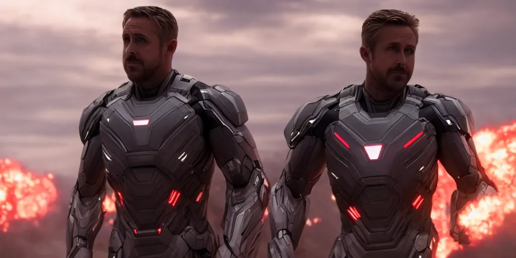 Prompt: Ryan Gosling as War Machine in 'Avengers: Endgame' (2019), movie still frame, oscar nominated cinematography, volumetric lighting, 8k resolution, beautiful composition