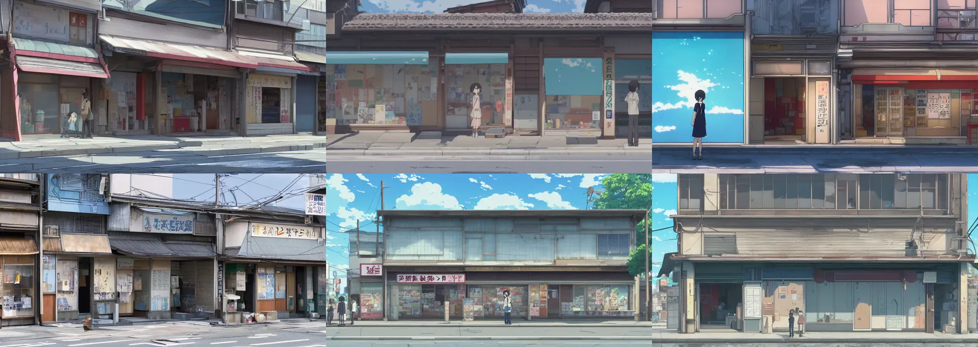 Prompt: front view of a closed japanese storefront in the beautiful anime film by makoto shinkai and studio ghibli, from the anime film Kimi No Na Wa