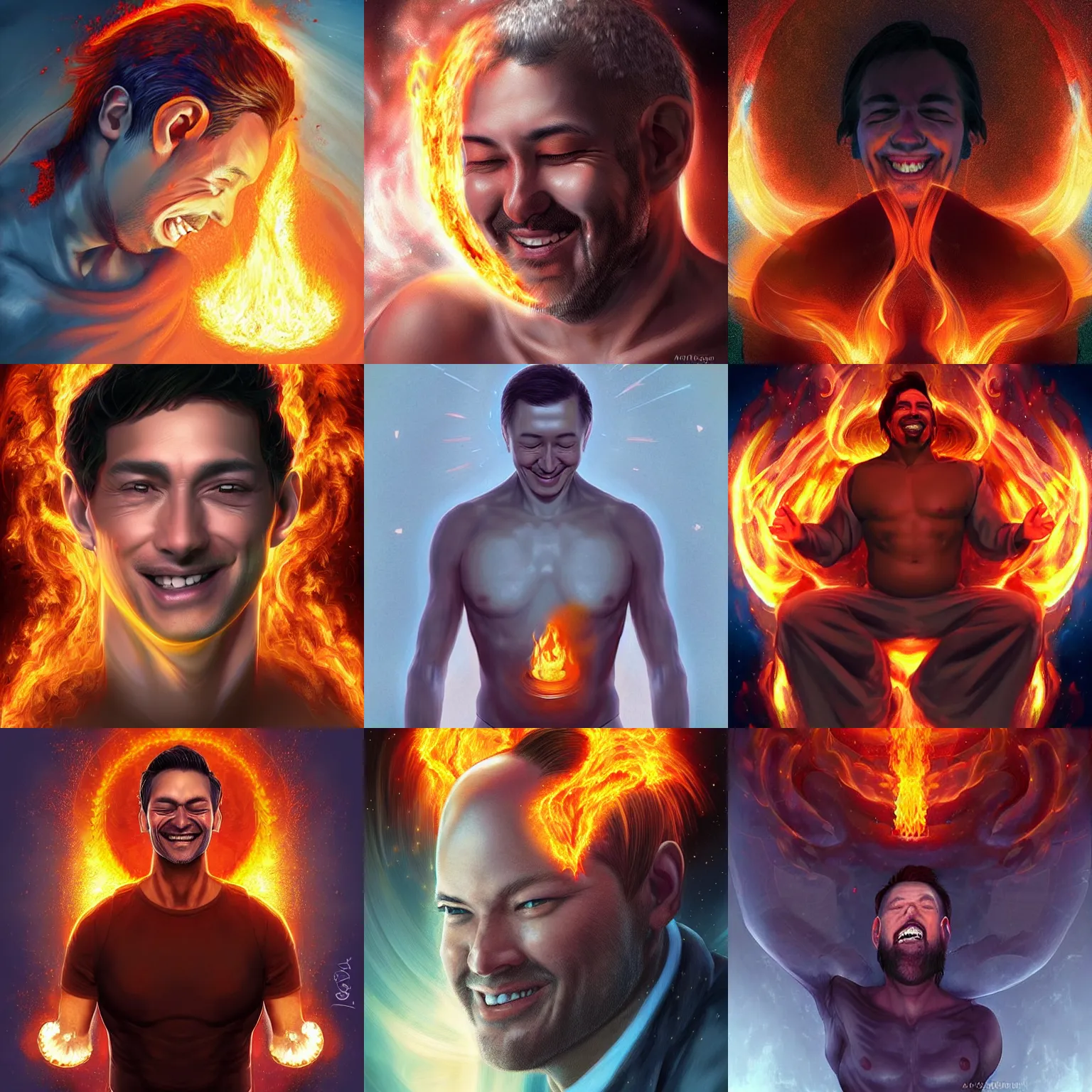 Prompt: a happy man in his early 4 0 s, divine fire enveloping his body and head, digital art by artgerm