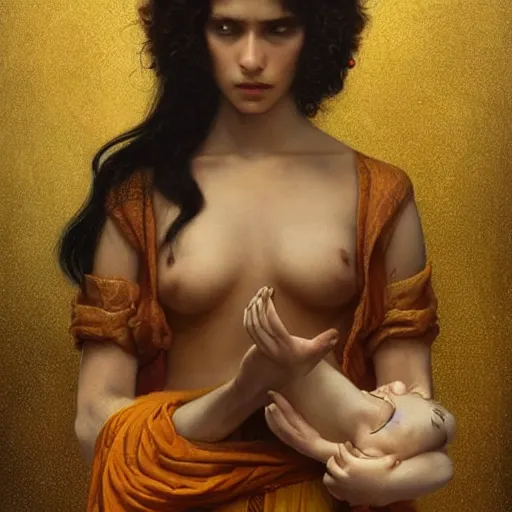Image similar to both the guy jintu and the girl munmi dies and goes to hell where the god of death grants them a second chance to live on earth for seven days. at the end of one week, they must decide who gets to live. digital artwork by roberto ferri, by tom bagshaw, by j. c. leyendecker and klimt