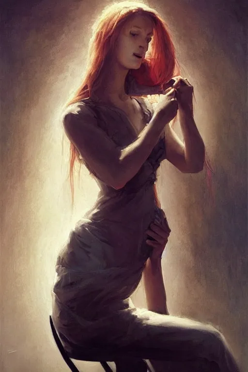 Image similar to a beautiful woman tied to a chair using spaghetti, a woman wrapped in spaghetti, painting by Charlie Bowater and Gerald Brom