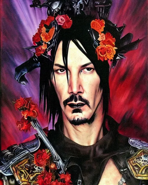 Prompt: portrait of a skinny punk goth keanu reeves wearing armor by simon bisley, john blance, frank frazetta, fantasy, thief warrior, colorful flowers floral