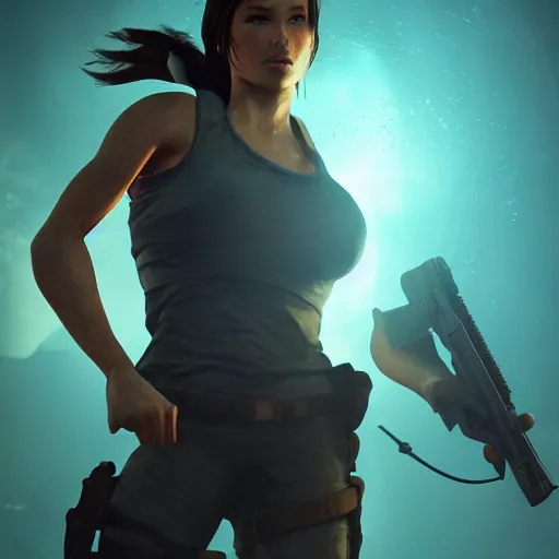 Image similar to lara croft, atmospheric lighting, painted, intricate, volumetric lighting, beautiful, golden hour, sharp focus, ultra detailed, by leesha hannigan, ross tran, thierry doizon, kai carpenter, ignacio fernandez rios