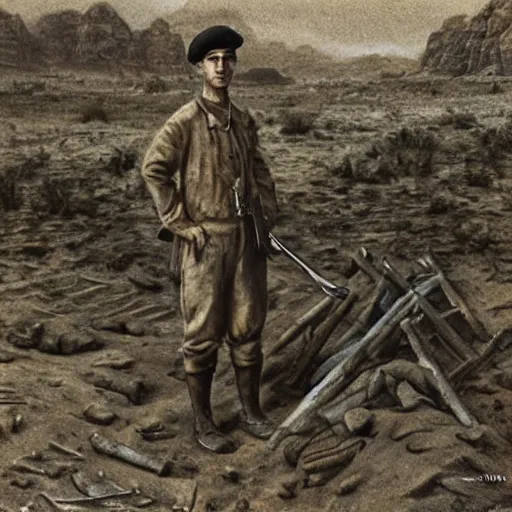 Image similar to ultra detailed photorealistic sepia - toned painting from 1 9 1 7, a british officer in field fear standing at an archaeological dig site in wadi rum, ultra realistic, painted, intricate details, lovecraft, atmospheric, dark, horror, brooding, highly detailed, in the style of clyde caldwell